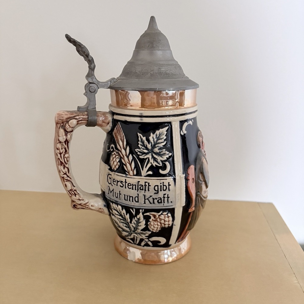 Vintage German Beer Stein Pewter Lid West Germany .5lt 1950s - 1970s